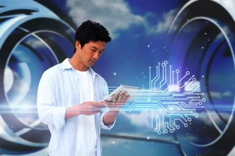 Casual man using tablet with circuit board Illustrazione stock