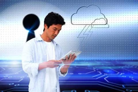 Casual man using tablet with cloud graphic Illustrazione stock