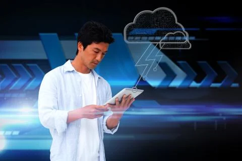 Casual man using tablet with cloud graphic Stock Illustration
