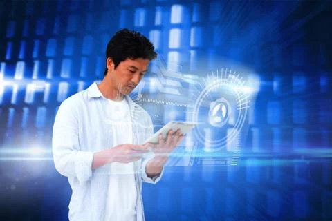 Casual man using tablet with interface Stock Illustration