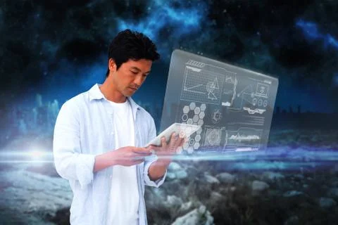 Casual man using tablet with interface Stock Illustration