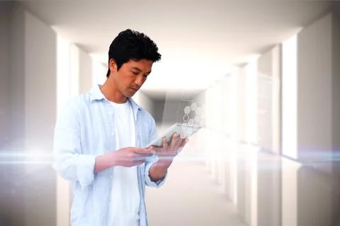 Casual man using tablet with interface Stock Illustration