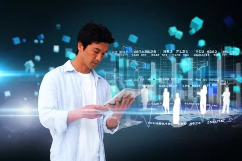 Casual man using tablet with interface Stock Illustration
