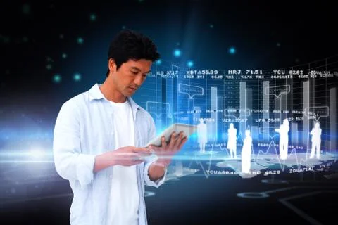 Casual man using tablet with interface Stock Illustration