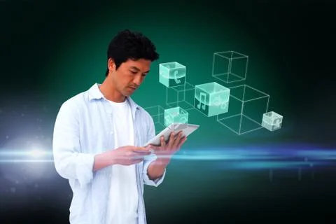 Casual man using tablet with interface Illustrazione stock