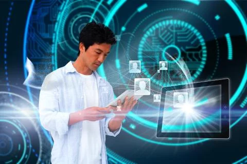 Casual man using tablet with profile icons Stock Illustration