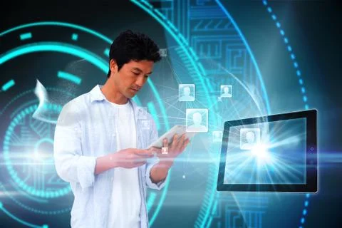 Casual man using tablet with profile icons Illustrazione stock