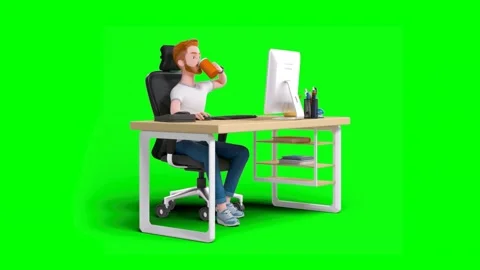 Casual Man Working at Desk on Computer While Enjoying Coffee on Green Backg.. Stock Footage 330034942