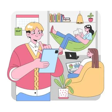 Casual office setting with tech-savvy team. Flat vector illustration Stockillustratie