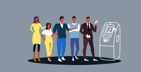 Casual people standing in line queue to withdrawing cash in atm automatic teller 스톡 일러스트