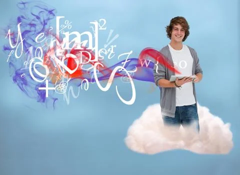Casual young man using tablet to connect to cloud computing Stockillustratie