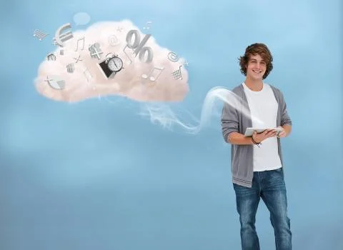 Casual young man using tablet for cloud computing Illustrazione stock