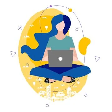 Casual young woman typing on a laptop computer. Concept flat illustration. Stock Illustration