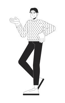 Casually dressed asian man in sweater gesturing in friendly pose bw 2D char.. Stock Illustration