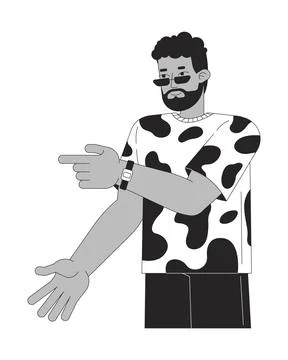 Casually dressed black man pointing to side confident expression line character Stock Illustration