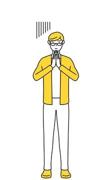 A casually dressed young man apologizing with his hands in front of his body. Stock Illustration