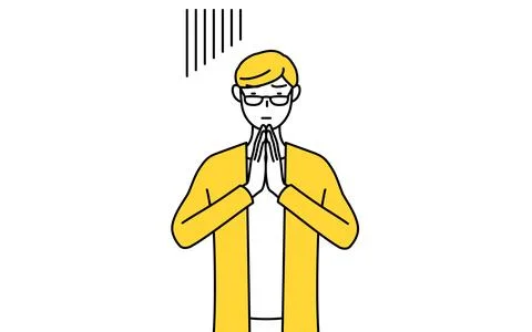 A casually dressed young man apologizing with his hands in front of his body. Stock Illustration
