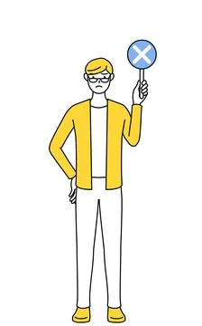 A casually dressed young man holding a bar of buts indicating incorrect ans.. Stock Illustration