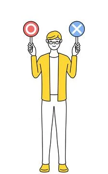 A casually dressed young man holding a stick indicating correct and incorre.. Stock Illustration