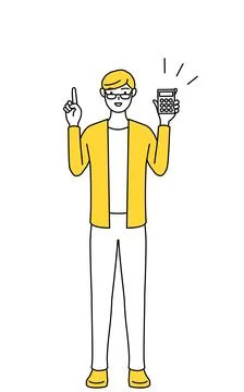 A casually dressed young man holding a calculator and pointing. Stock Illustration