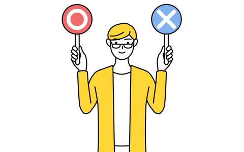 A casually dressed young man holding a stick indicating correct and incorre.. Stock Illustration