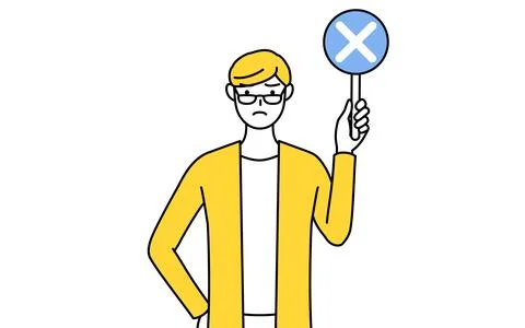 A casually dressed young man holding a bar of buts indicating incorrect ans.. Stock Illustration