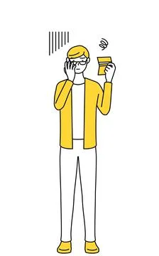 A casually dressed young man looking at his bankbook and feeling depressed. Stock Illustration