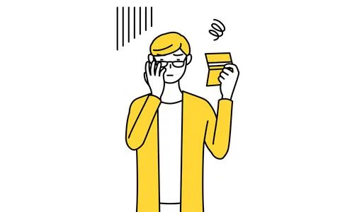 A casually dressed young man looking at his bankbook and feeling depressed. Stock Illustration