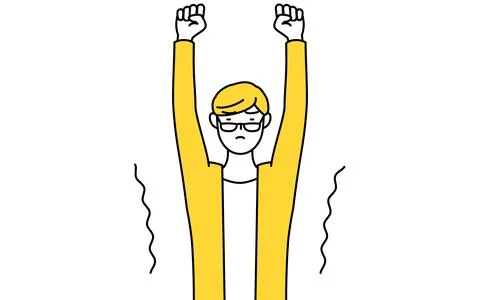 A casually dressed young man stretching and standing tall. Illustrazione stock