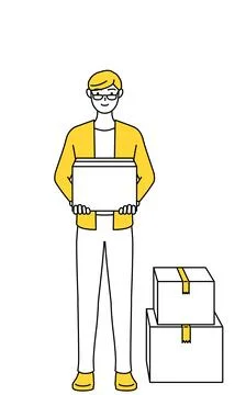 A casually dressed young man working to carry cardboard boxes Illustrazione stock