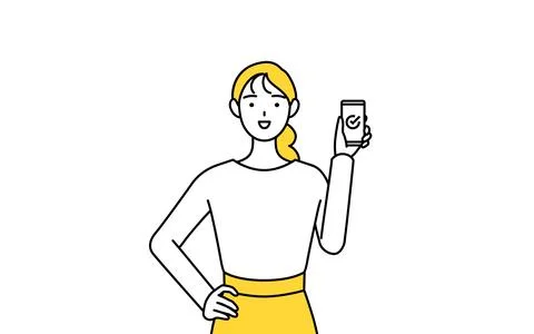 A casually dressed young woman using a smartphone at work. Stock Illustration
