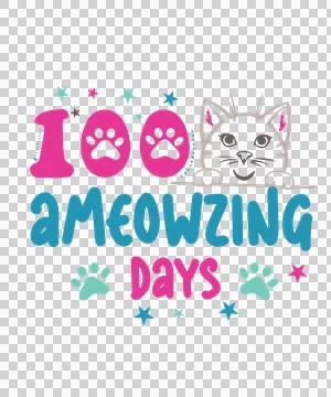 Cat 100 Ameowzing Days Text head paw prints stars Stock Illustration