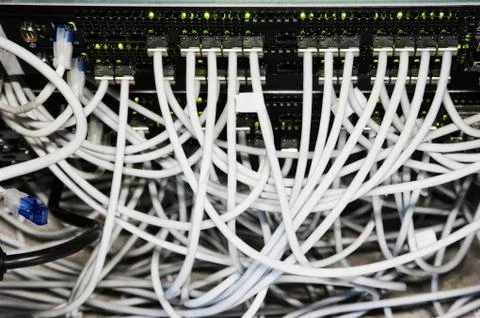 Cat 5 cables hooked to servers in a computer server farm. Stock Photos