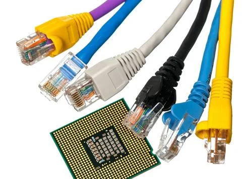 Cat 5 cables in multiple colors with CPU Macro shot of plugs on cat5e cabl... 库存照片