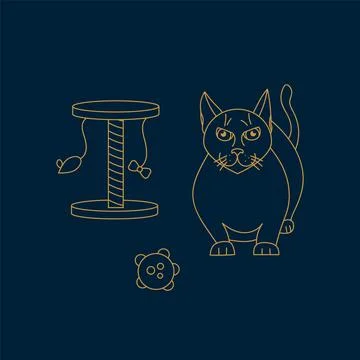 A cat with accessories for pets. A set of illustrations in a doodle line Stock Illustration