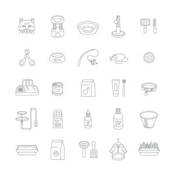 Cat accessories vector thin line icons Stock Illustration