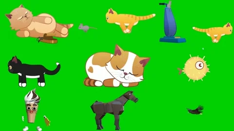 Cat actions on green screen featuring cat mouse vacuum kitten black sleep Stock Footage 334704359