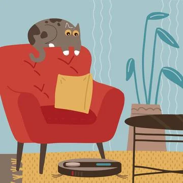 Cat is afraid of the robot vacuum cleaner and watching it from the back of the Illustrazione stock