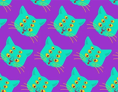 Cat alien monster pattern seamless. Ufo pet face background. Animal mutant te Stock Illustration