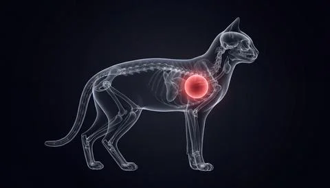 Cat anatomy with visible skeleton and highlighted heart organ on dark backg.. Stock Illustration