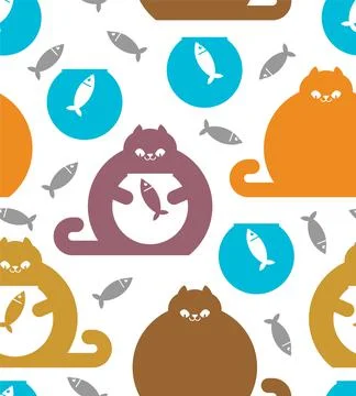 Cat and aquarium pattern seamless. Cat watching fish in aquarium background.  Stock Illustration