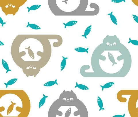 Cat and aquarium pattern seamless. Cat watching fish in aquarium background.  Stock Illustration