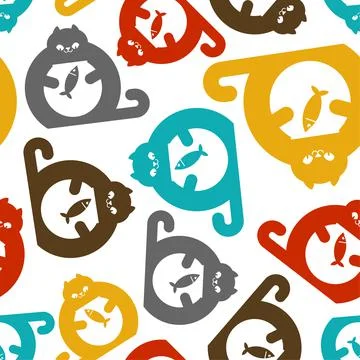 Cat and aquarium pattern seamless. Cat watching fish in aquarium background.  Stock Illustration