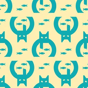 Cat and aquarium pattern seamless. Cat watching fish in aquarium background.  Stock Illustration