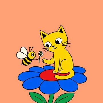 Cat and Bee with Flower on a Flower Stock Illustration