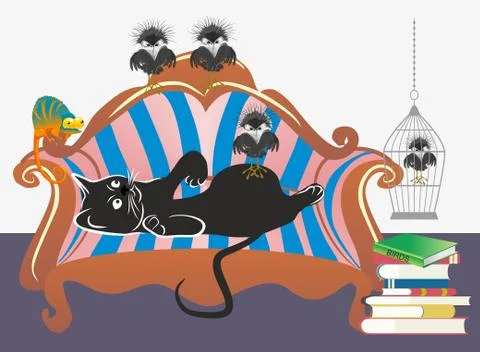 Cat and birds Stock Illustration
