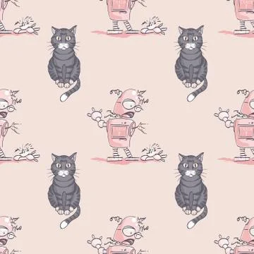 Cat and broken robot seamless pattern Illustrazione stock