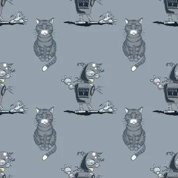 Cat and broken robot seamless pattern 스톡 일러스트