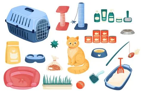 Cat and cat supply items set. Stock Illustration