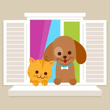Cat and dog sitting on a window sill. Vector illustration Stock Illustration